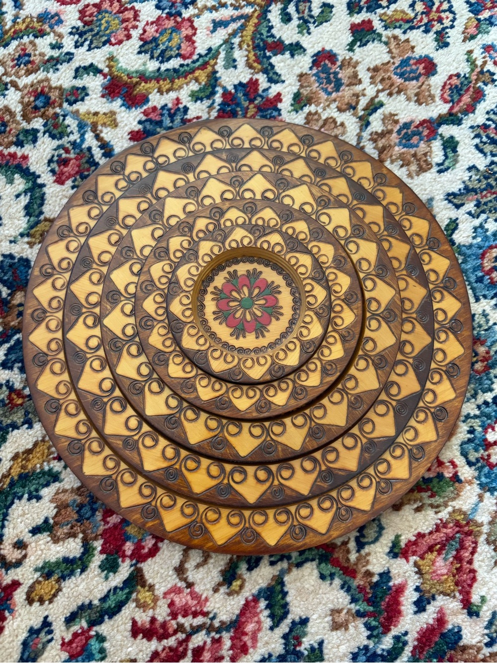 Vintage Polish Handmade Pyrography Wooden Nesting Wall Hanging Plates Set Of 5